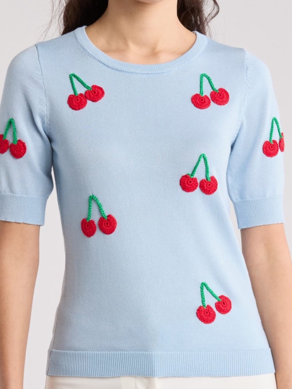 By Design short sleeve crochet cherry sweater. L